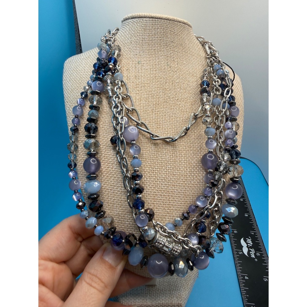 White House Black Market Multi Strand Beaded Statement Necklace Silver Blue WHBM
